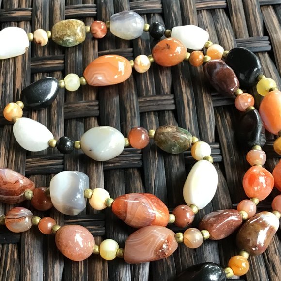 Vintage Polished Gemstone Beaded Necklace 34" Long Weighty Earth Tones - Picture 13 of 16